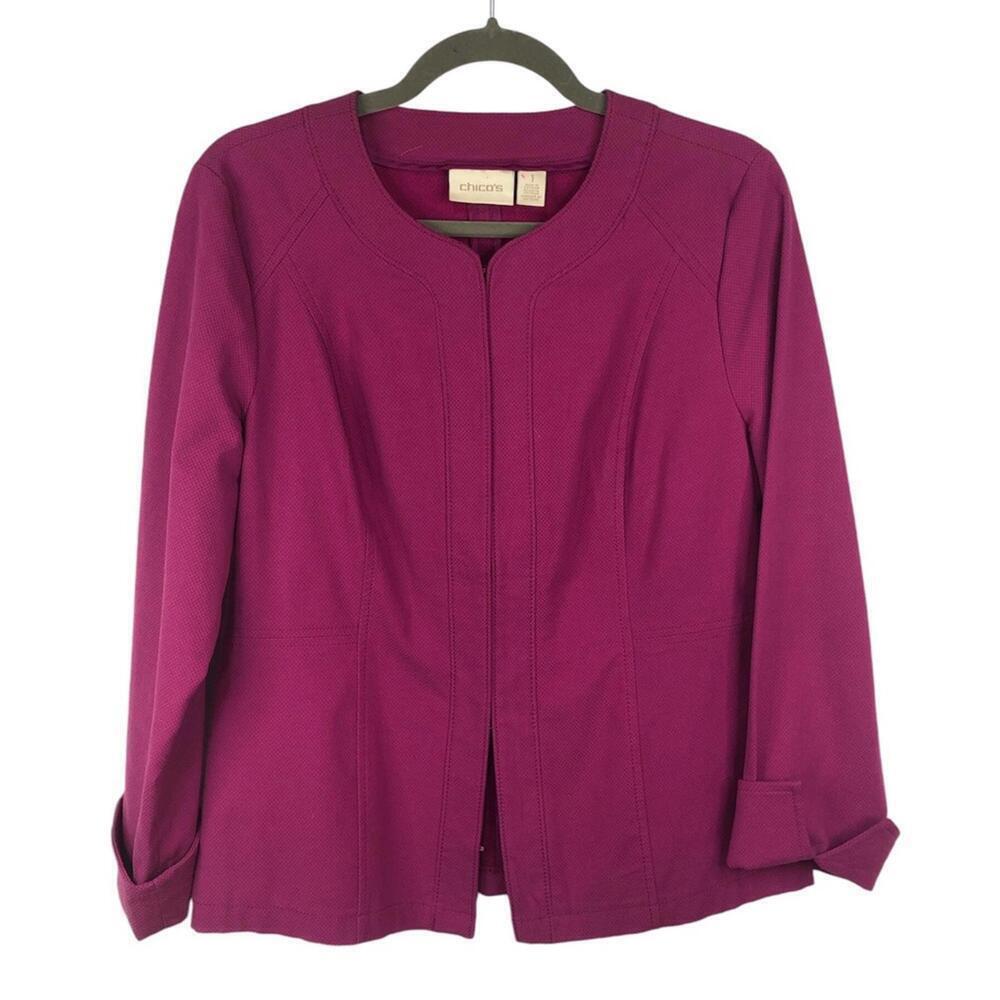 Chico’s Pique Jacket Cuffed Sleeve Hook Eye Closure Collarless Unlined